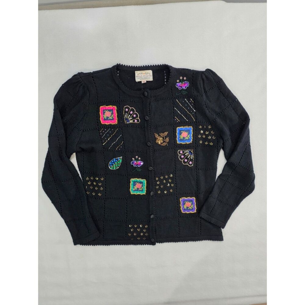 Vintage 1991 Susan Bristol Hand Embroidered Cardigan Sweater Black Small Beaded